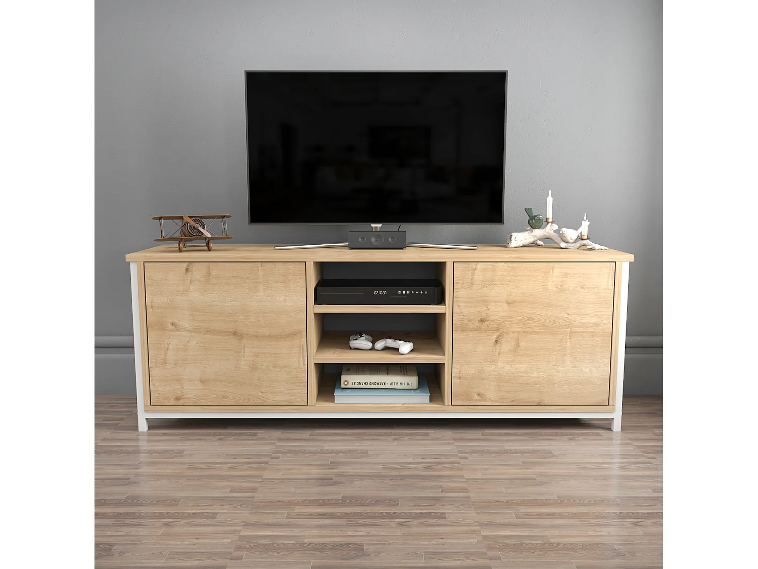 Otis Meuble TV 140 cm Placards et Étagères Ouvertes (Chêne et Blanc)