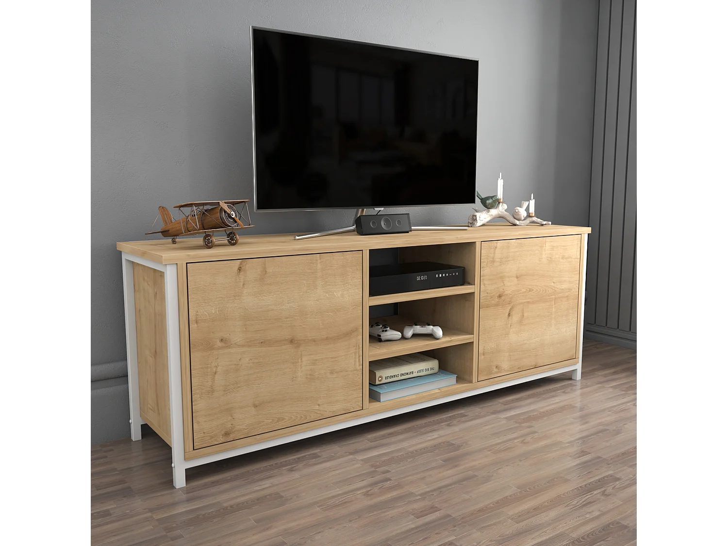 Otis Meuble TV 140 cm Placards et Étagères Ouvertes (Chêne et Blanc)