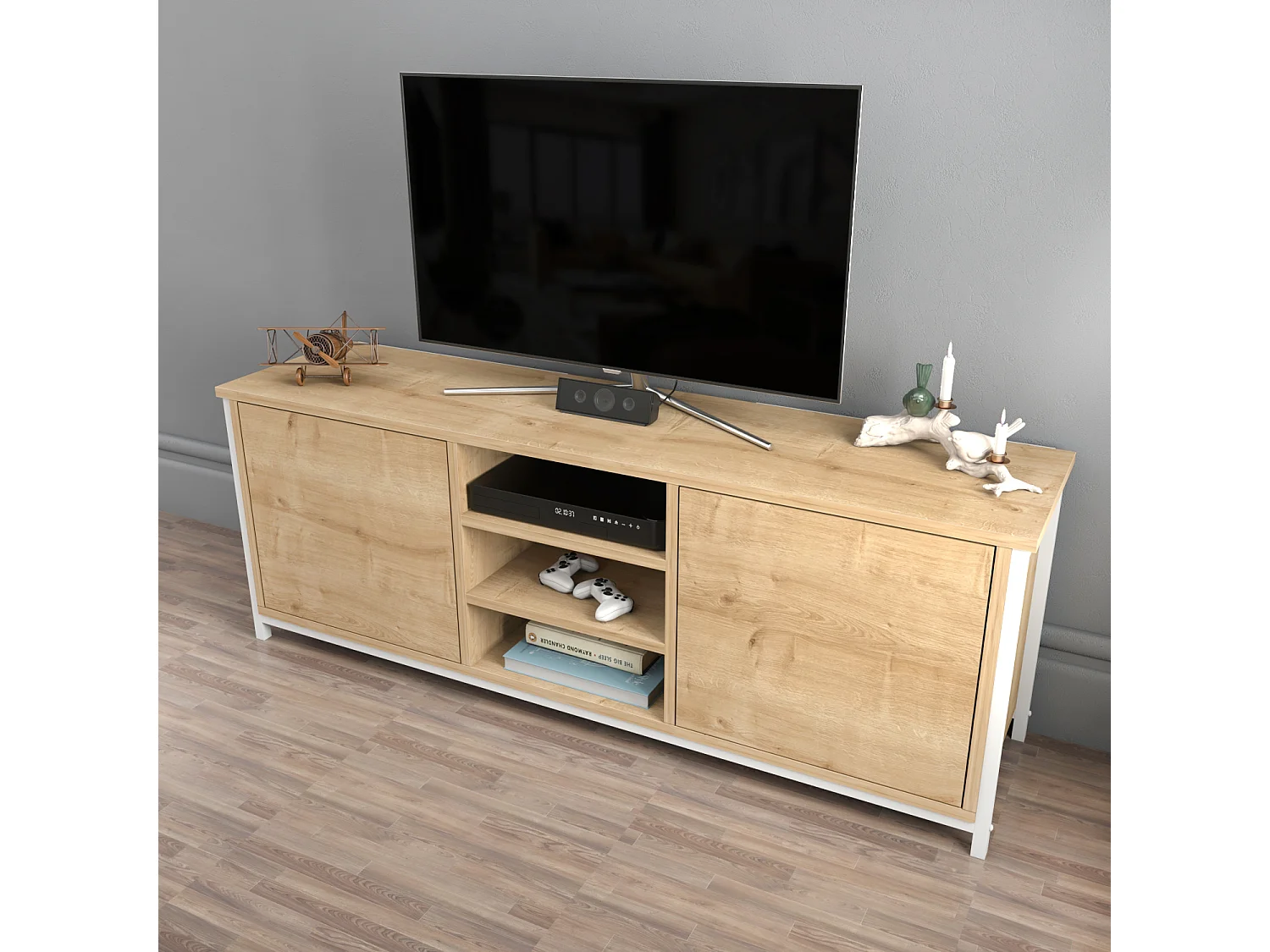 Otis Meuble TV 140 cm Placards et Étagères Ouvertes (Chêne et Blanc)