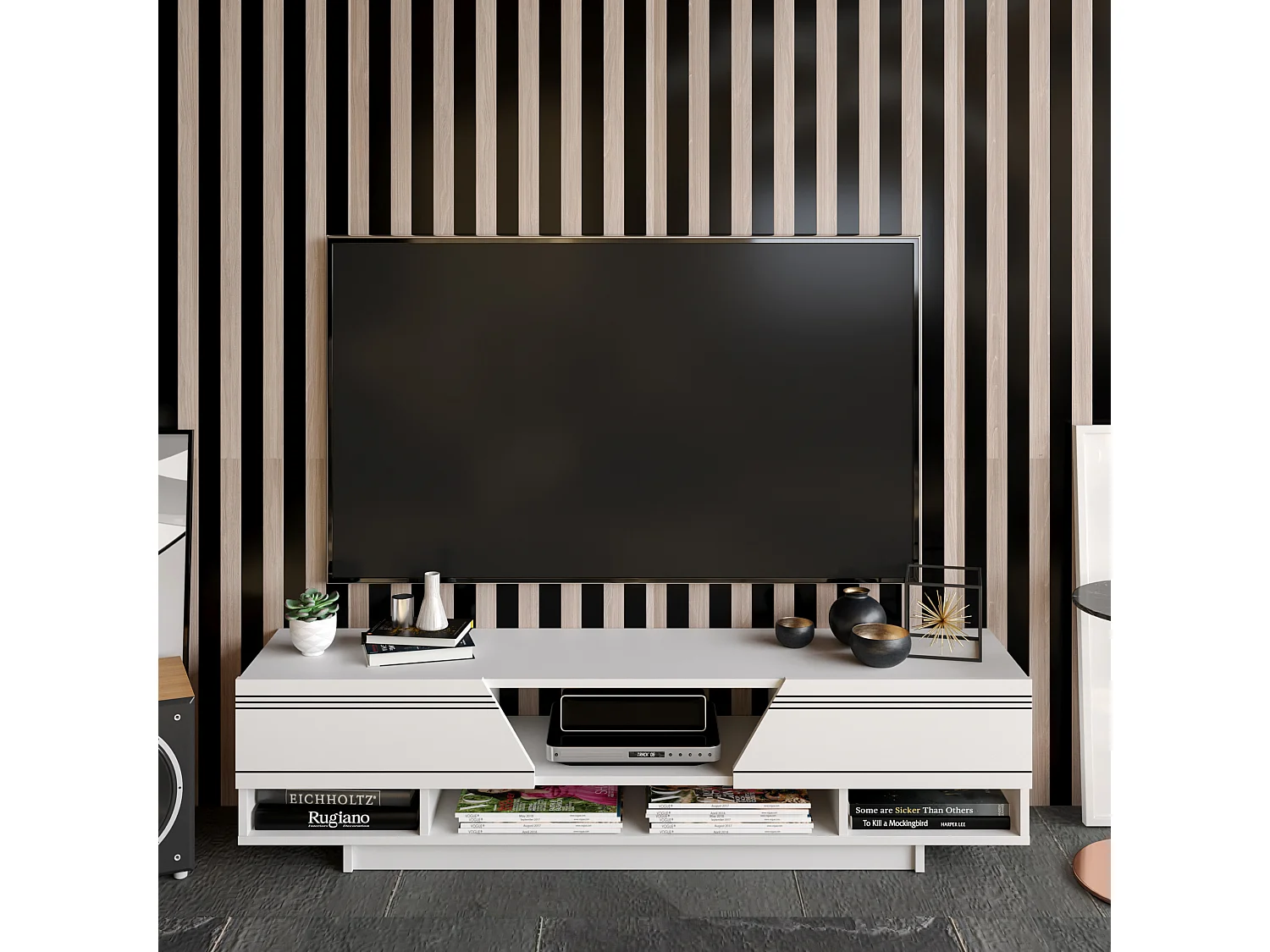 Aspatria 160 cm Meuble TV avec Armoires et Niches (Blanc)