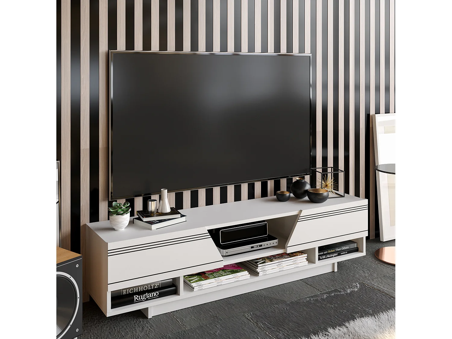 Aspatria 160 cm Meuble TV avec Armoires et Niches (Blanc)