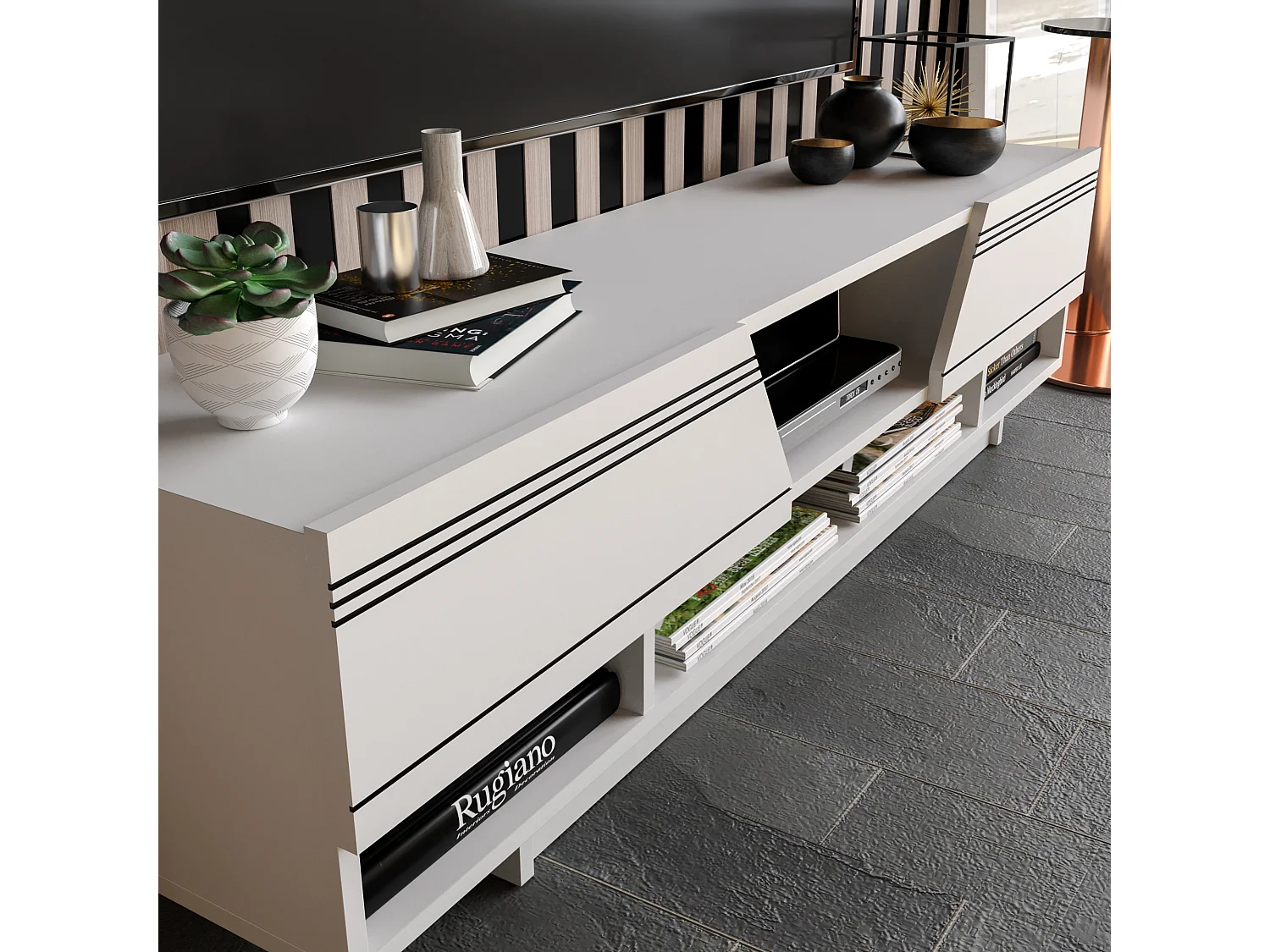 Aspatria 160 cm Meuble TV avec Armoires et Niches (Blanc)