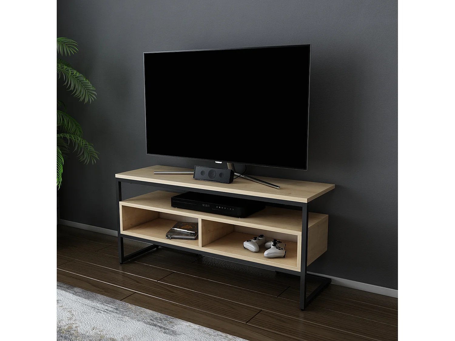 Meuble TV Merrion 111 cm Cadre Métallique (Noir et Chêne)