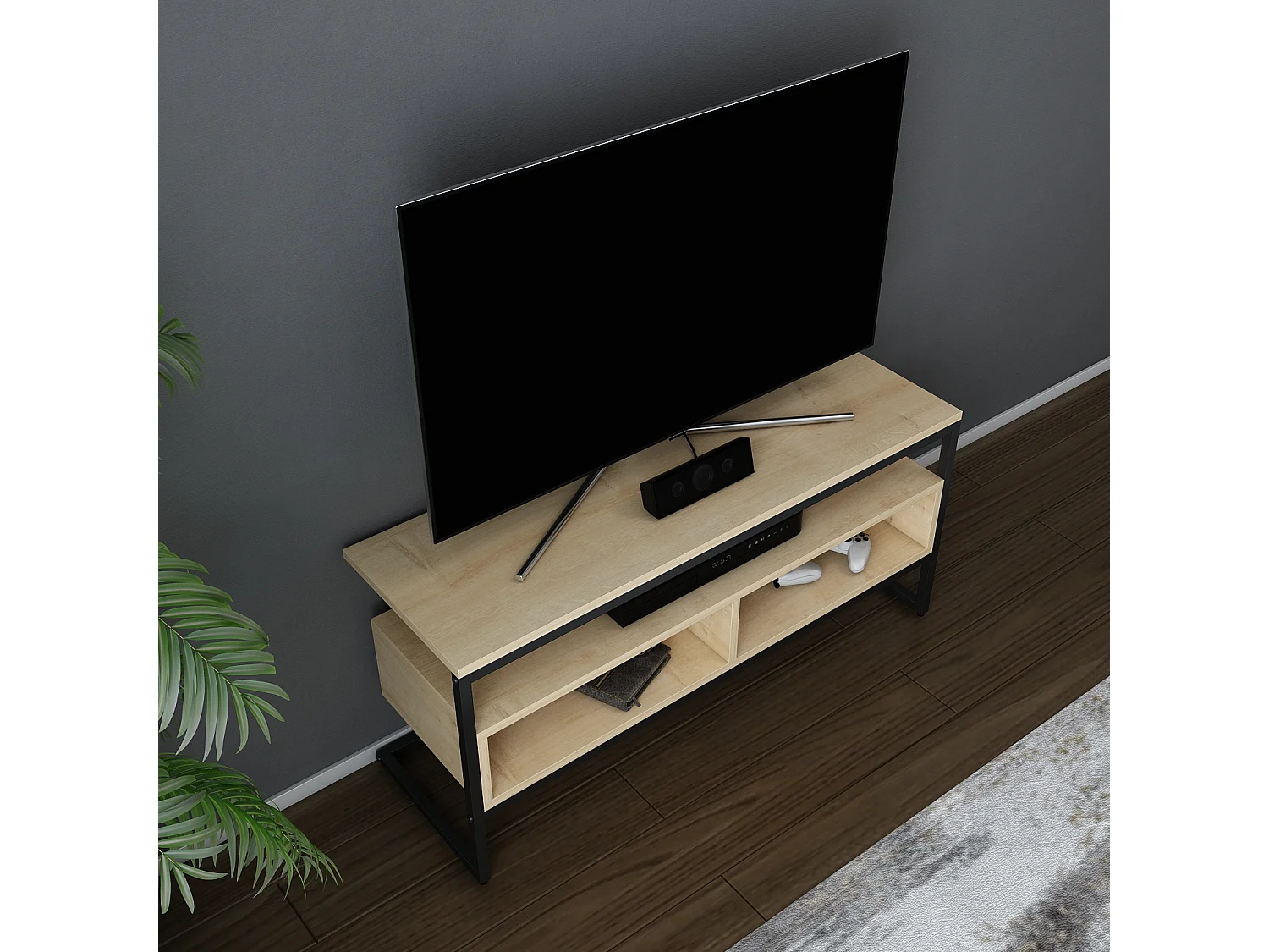 Meuble TV Merrion 111 cm Cadre Métallique (Noir et Chêne)