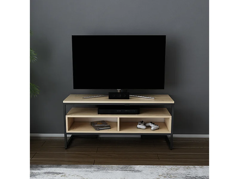 Meuble TV Merrion 111 cm Cadre Métallique (Noir et Chêne)