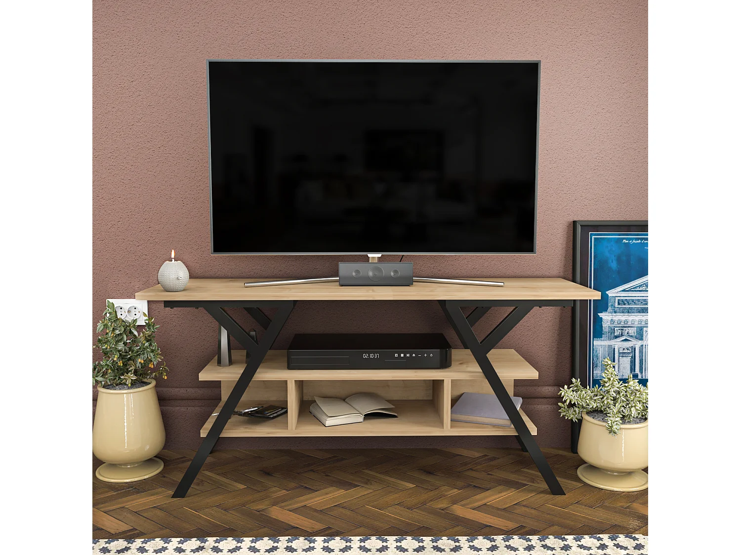 Minerva Meuble TV 120 cm Étagères Ouvertes et Cadre en métal (Noir et Chêne)