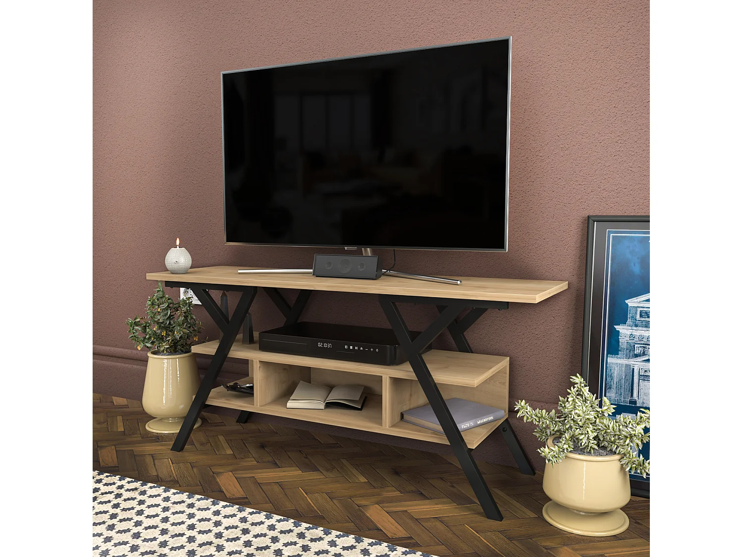 Minerva Meuble TV 120 cm Étagères Ouvertes et Cadre en métal (Noir et Chêne)