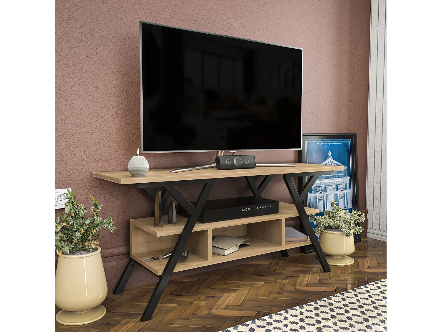 Minerva Meuble TV 120 cm Étagères Ouvertes et Cadre en métal (Noir et Chêne)