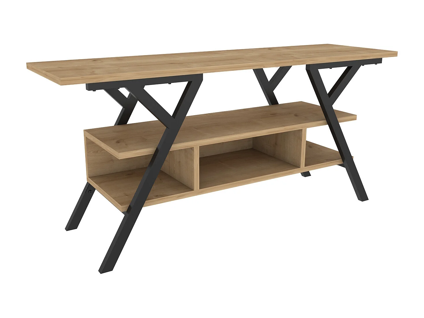 Minerva Meuble TV 120 cm Étagères Ouvertes et Cadre en métal (Noir et Chêne)