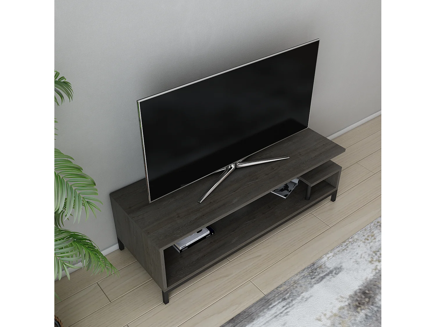 Reilly Meuble TV 120 cm Pieds en métal et étagères ouvertes (Wenge et Noir)