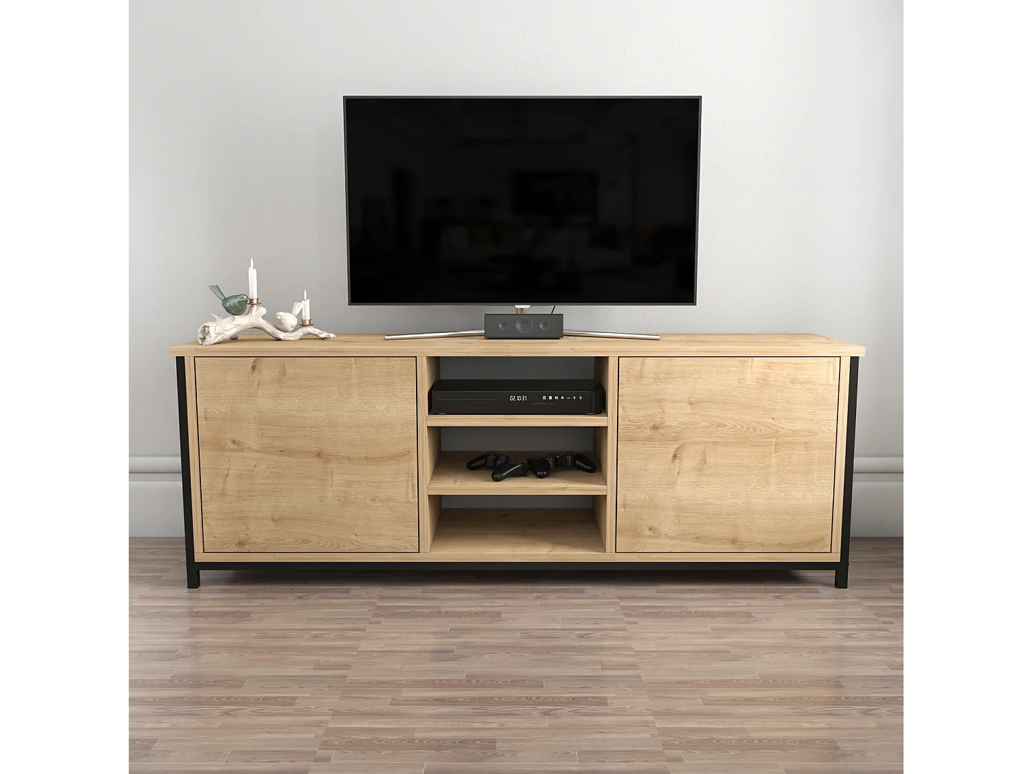 Otis Meuble TV 140 cm Placards et Étagères Ouvertes (Noir et Chêne)