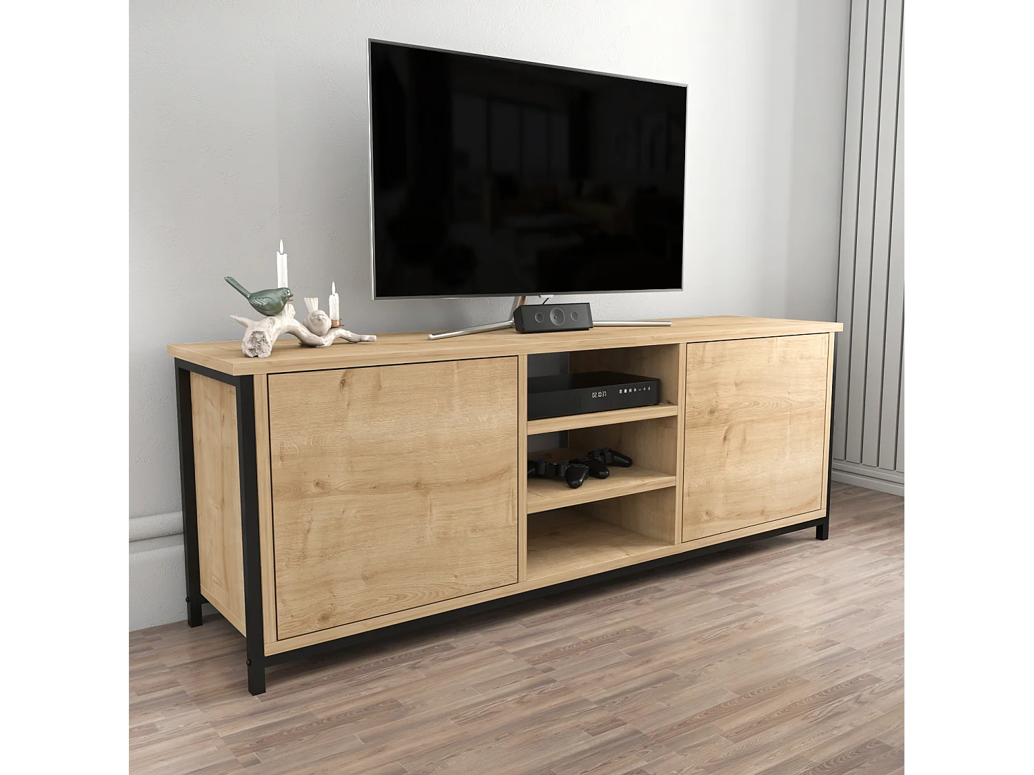 Otis Meuble TV 140 cm Placards et Étagères Ouvertes (Noir et Chêne)