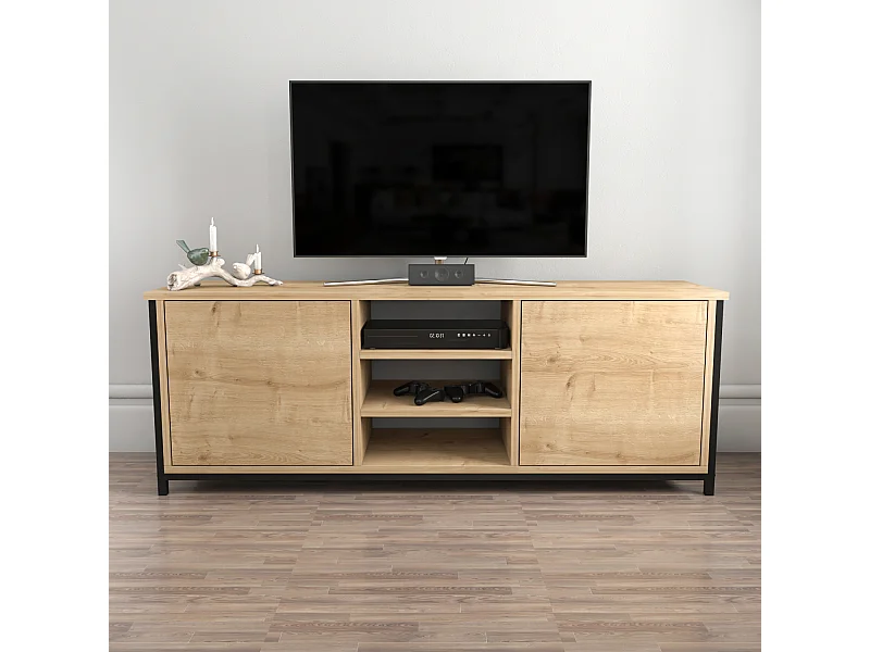 Otis Meuble TV 140 cm Placards et Étagères Ouvertes (Noir et Chêne)