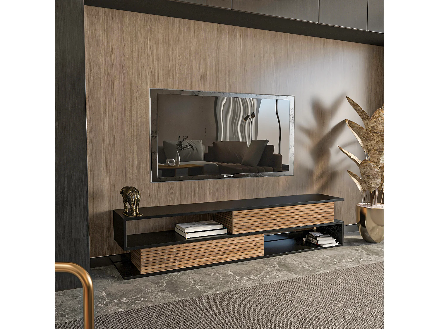 Meuble tv Cortez de 160 cm avec 2 armoires et 2 niches (Noir et Effet Alina)