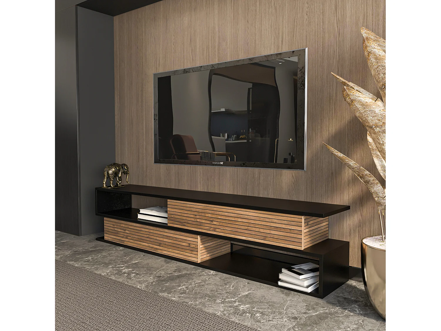 Meuble tv Cortez de 160 cm avec 2 armoires et 2 niches (Noir et Effet Alina)