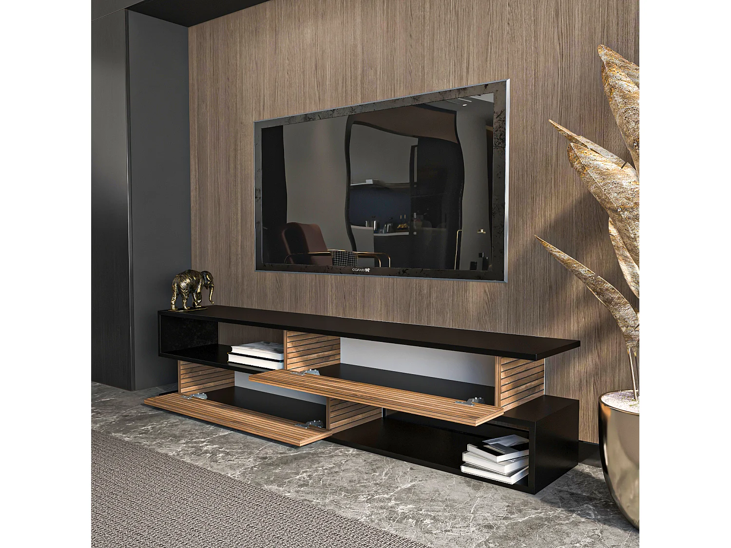 Meuble tv Cortez de 160 cm avec 2 armoires et 2 niches (Noir et Effet Alina)