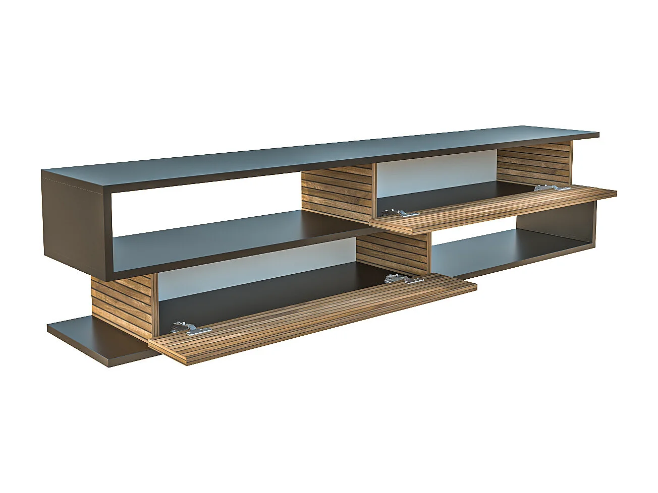 Meuble tv Cortez de 160 cm avec 2 armoires et 2 niches (Noir et Effet Alina)