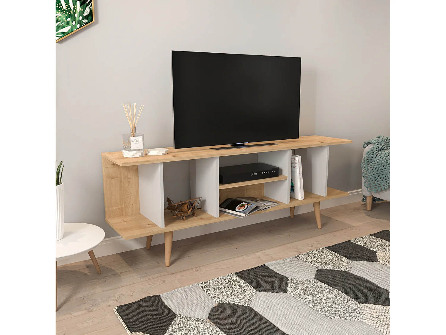 Akya Meuble TV 160 cm avec Niches pour le Rangement (Chêne et Blanc)