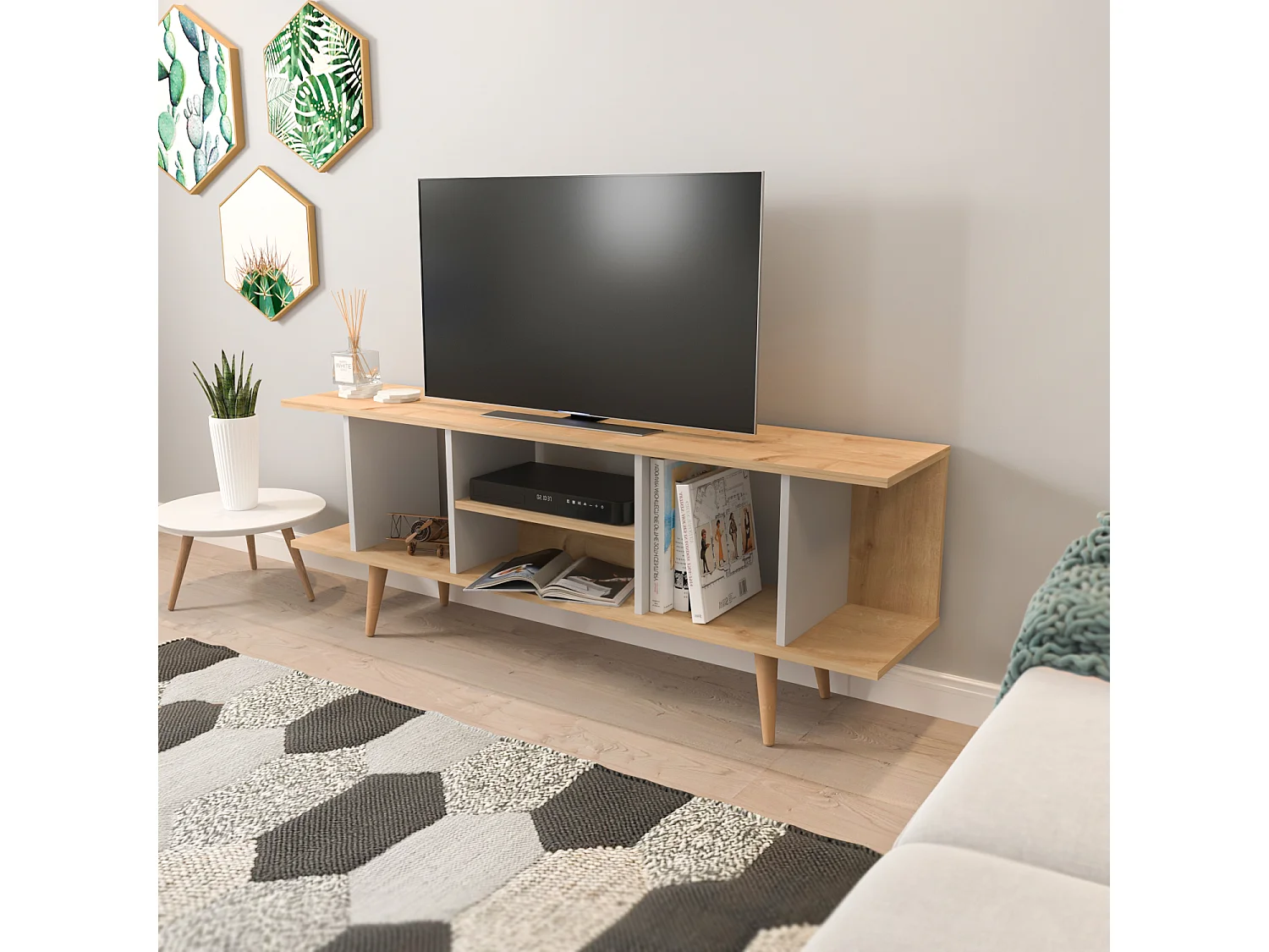 Akya Meuble TV 160 cm avec Niches pour le Rangement (Chêne et Blanc)