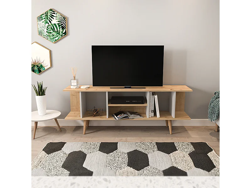 Akya Meuble TV 160 cm avec Niches pour le Rangement (Chêne et Blanc)