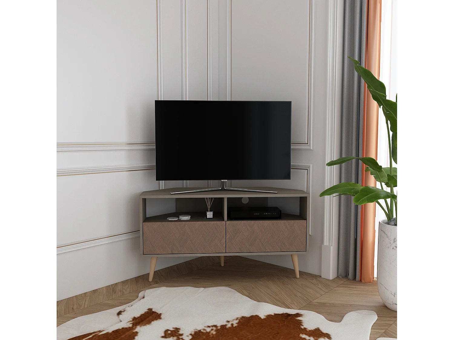 Aura Meuble TV d'angle 120 cm Armoires et Niches avec Pieds en Bois (Galaxy and Effet Vintage)