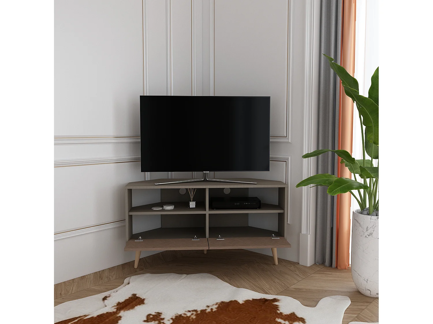 Aura Meuble TV d'angle 120 cm Armoires et Niches avec Pieds en Bois (Galaxy and Effet Vintage)