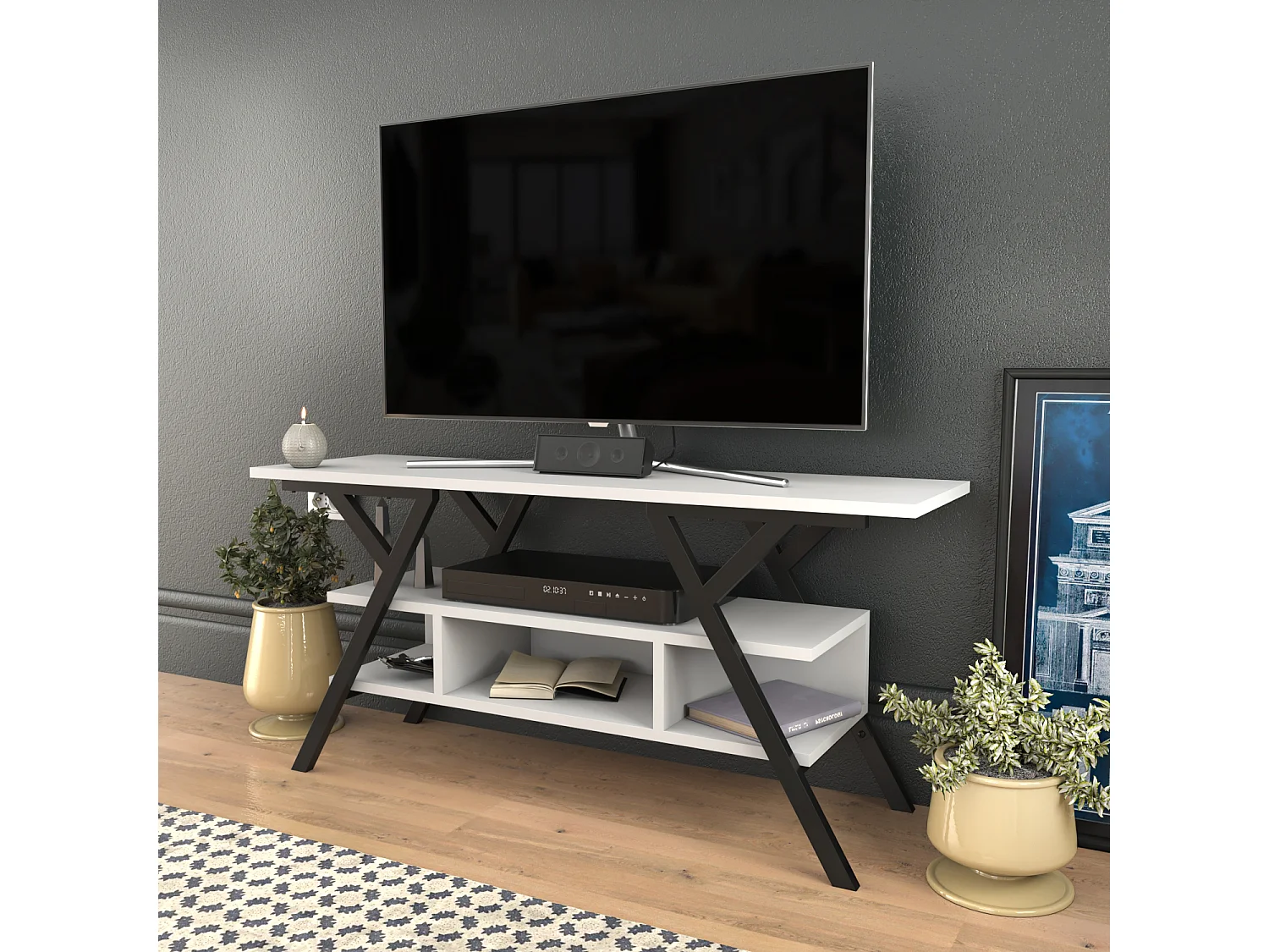 Minerva Meuble TV 120 cm Étagères Ouvertes et Cadre en métal (Noir et Blanc)