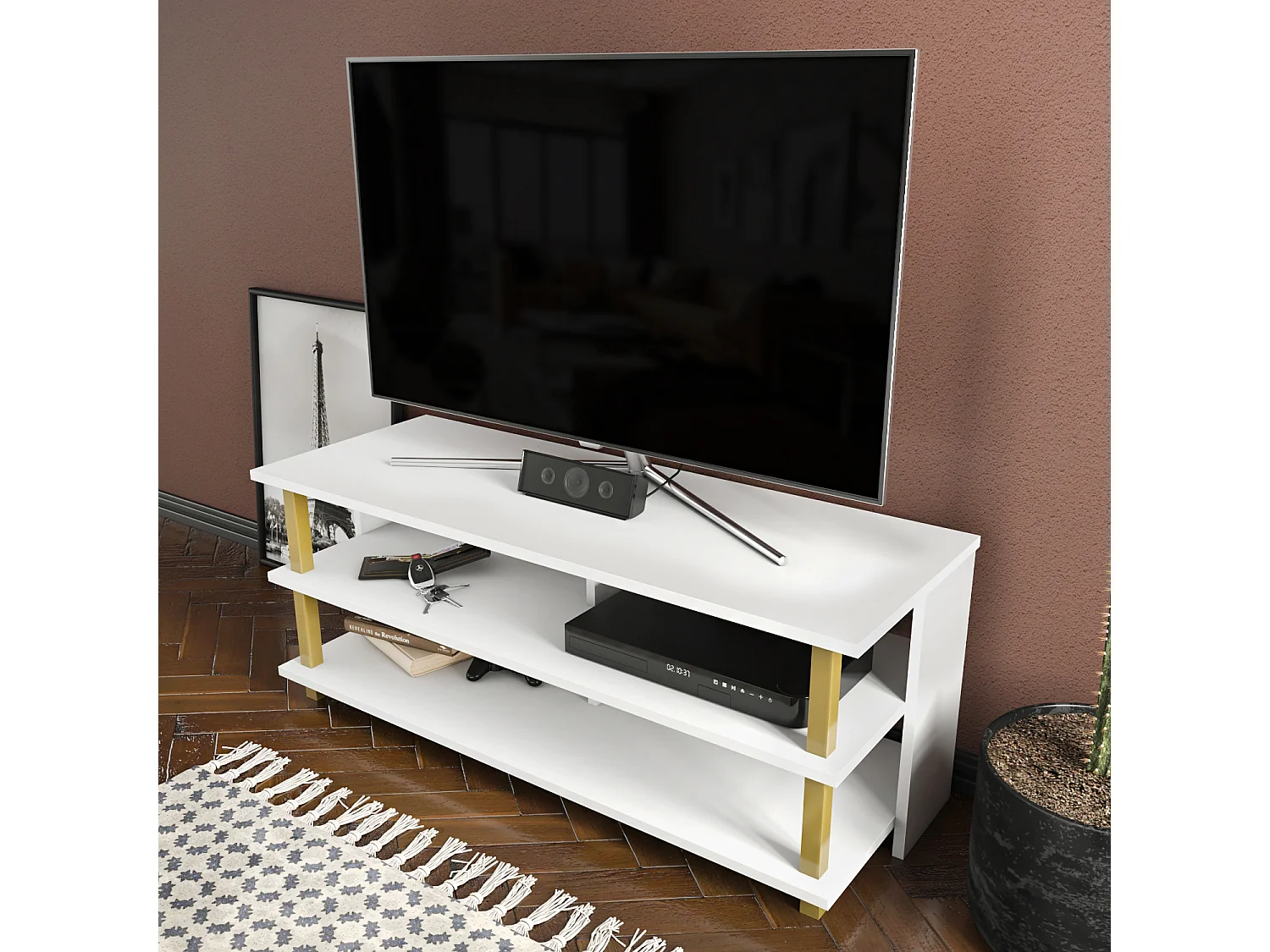 Pueblo Meuble TV 120 cm Niches et Étagères Ouvertes  (Doré et Blanc)