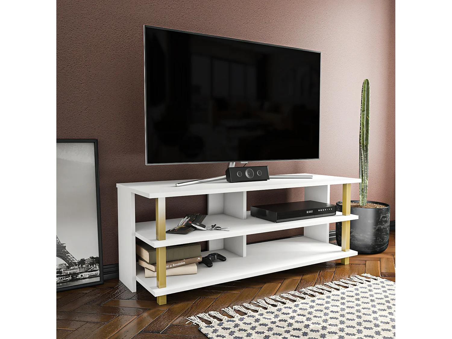 Pueblo Meuble TV 120 cm Niches et Étagères Ouvertes  (Doré et Blanc)