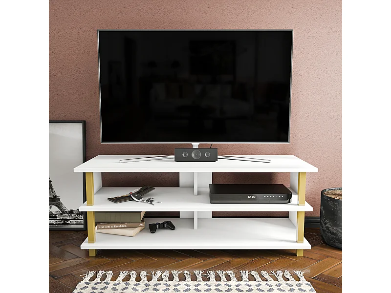 Pueblo Meuble TV 120 cm Niches et Étagères Ouvertes  (Doré et Blanc)