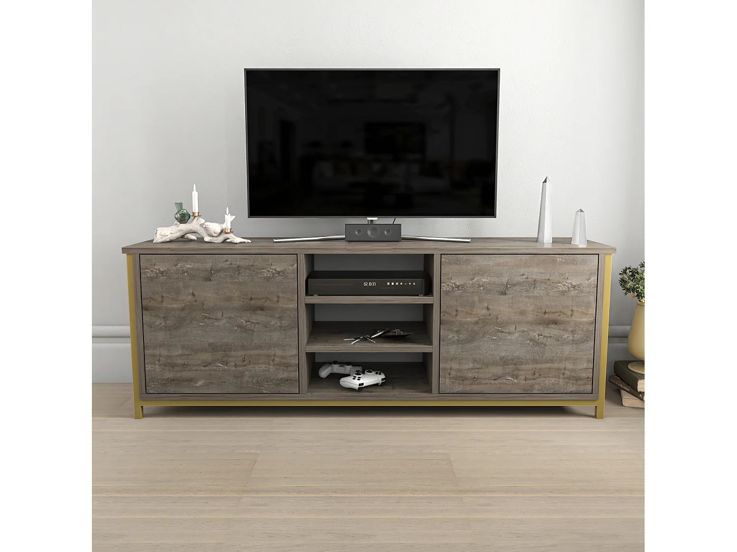 Otis Meuble TV 140 cm Placards et Étagères Ouvertes (Wenge et Doré)