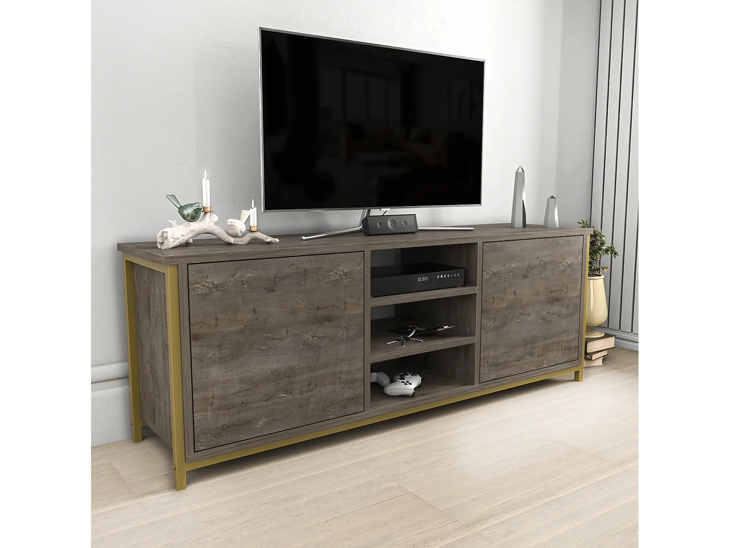 Otis Meuble TV 140 cm Placards et Étagères Ouvertes (Wenge et Doré)