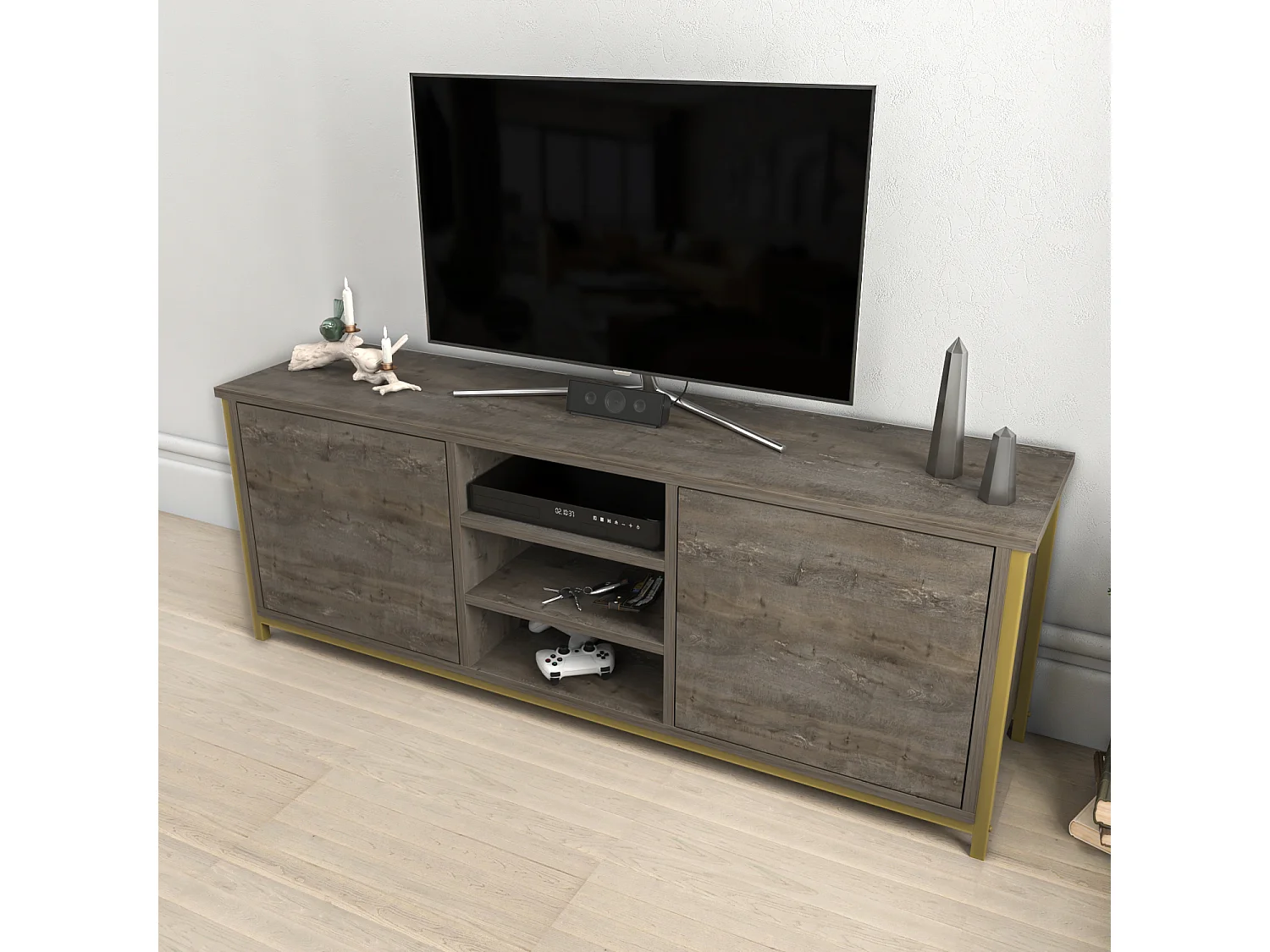 Otis Meuble TV 140 cm Placards et Étagères Ouvertes (Wenge et Doré)