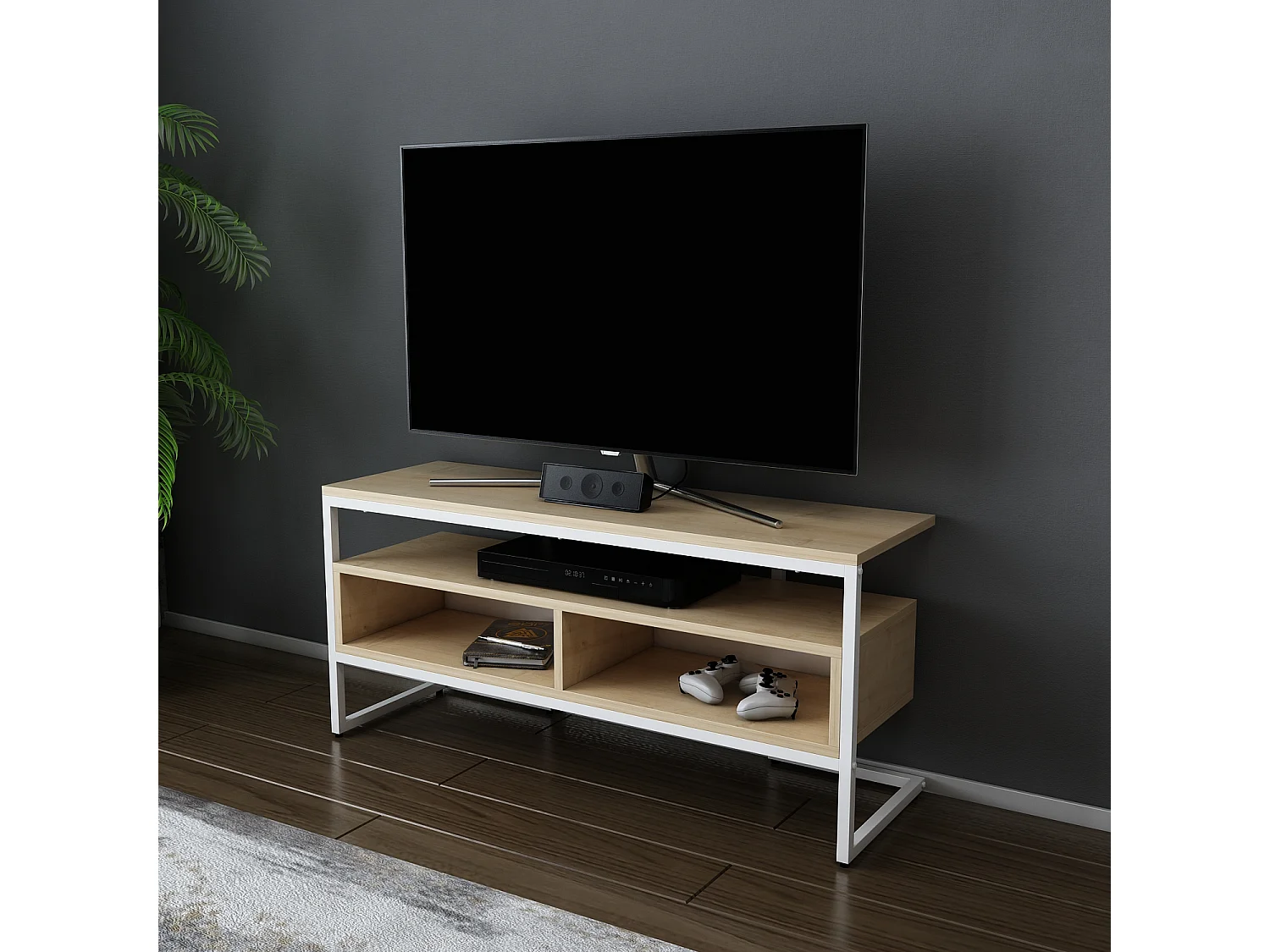 Meuble TV Merrion 111 cm Cadre Métallique (Blanc et Chêne)