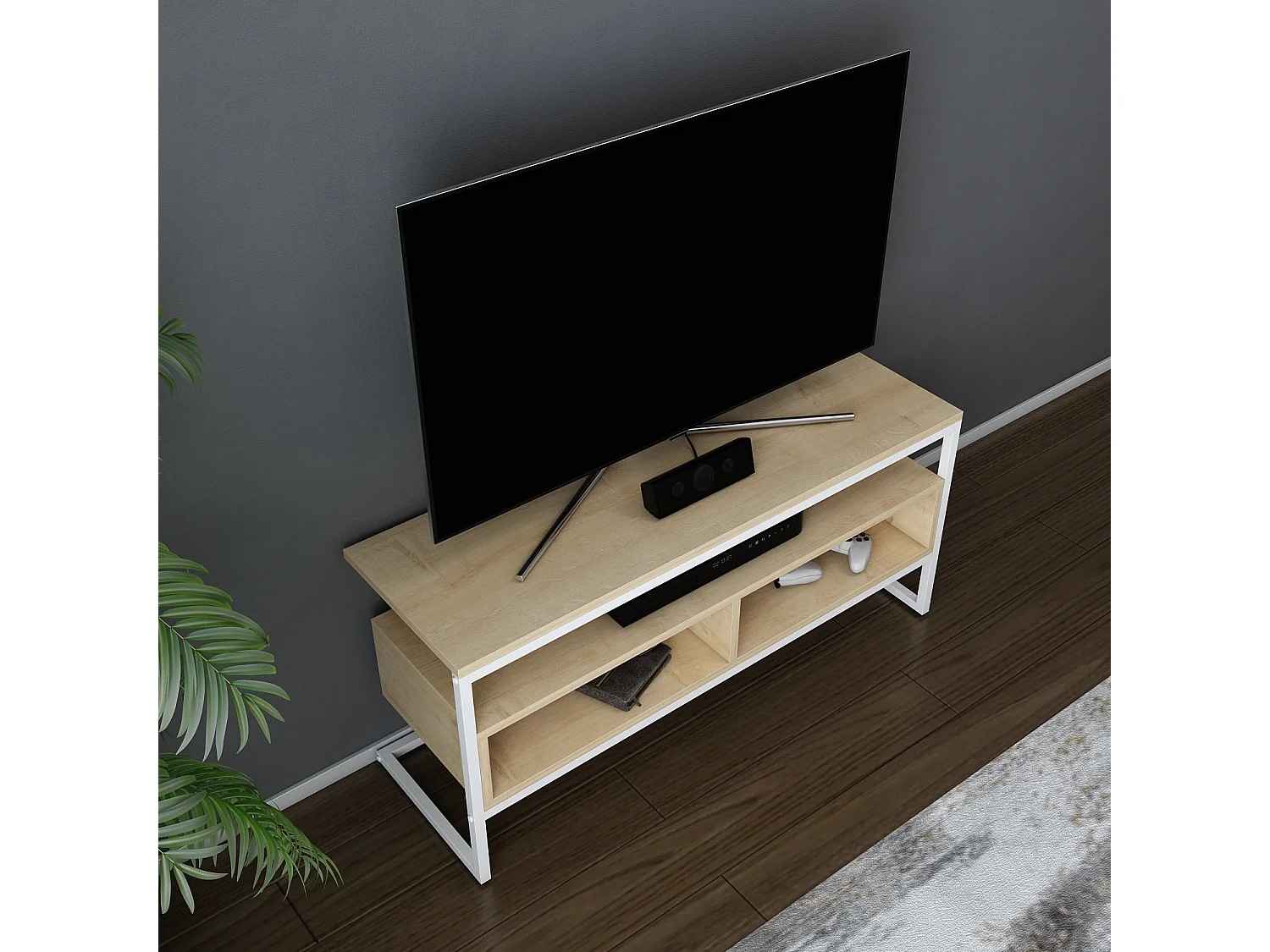 Meuble TV Merrion 111 cm Cadre Métallique (Blanc et Chêne)