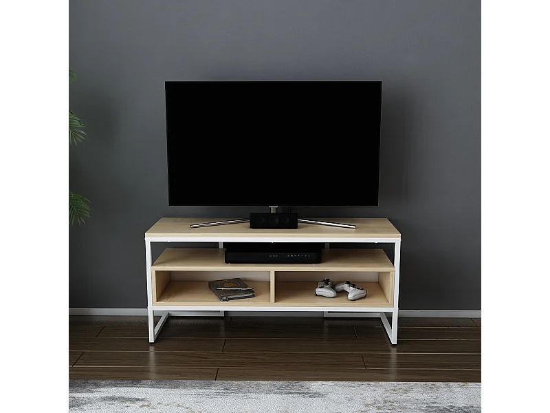 Meuble TV Merrion 111 cm Cadre Métallique (Blanc et Chêne)