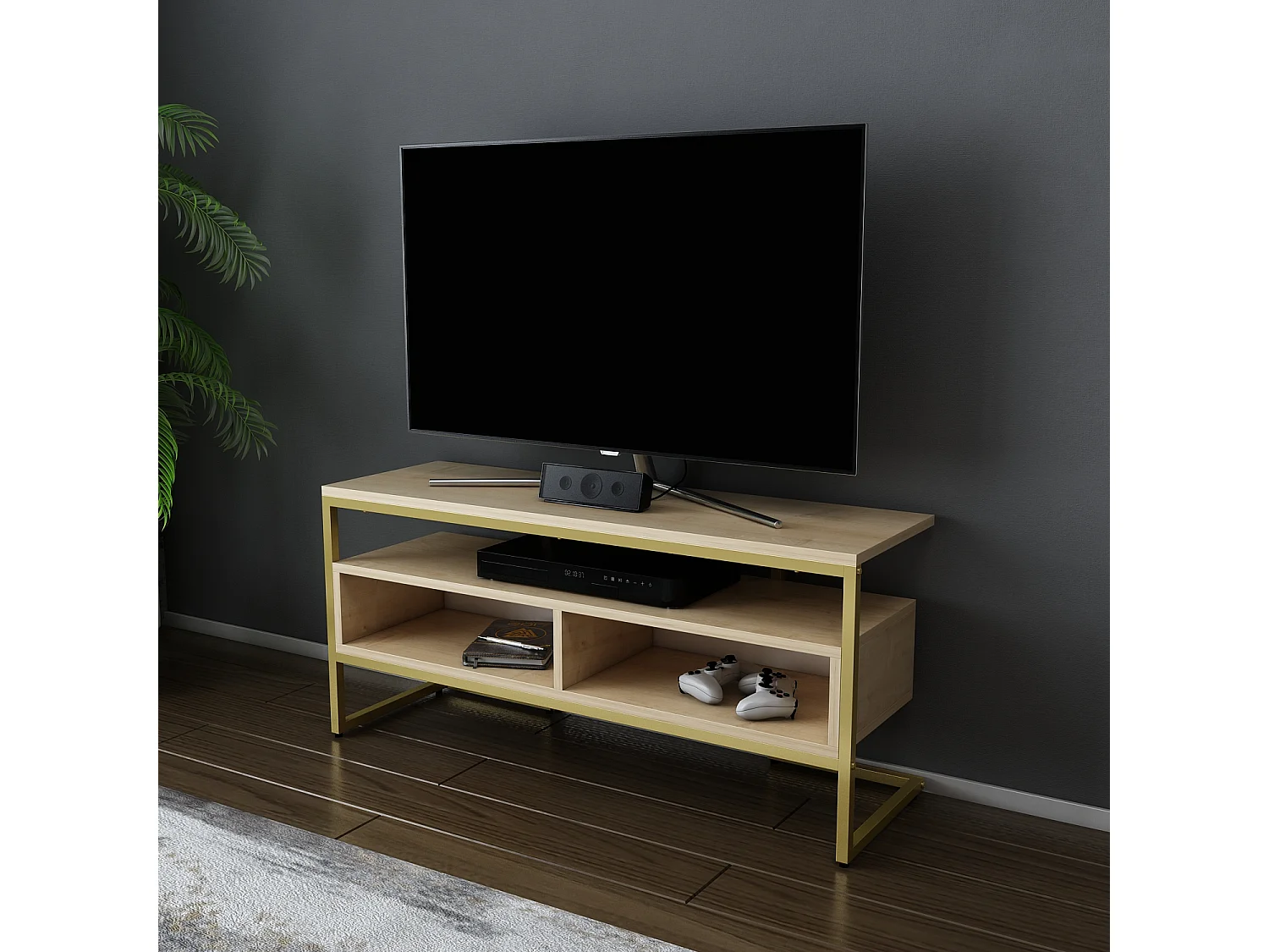 Meuble TV Merrion 111 cm Cadre Métallique (Doré et Chêne)