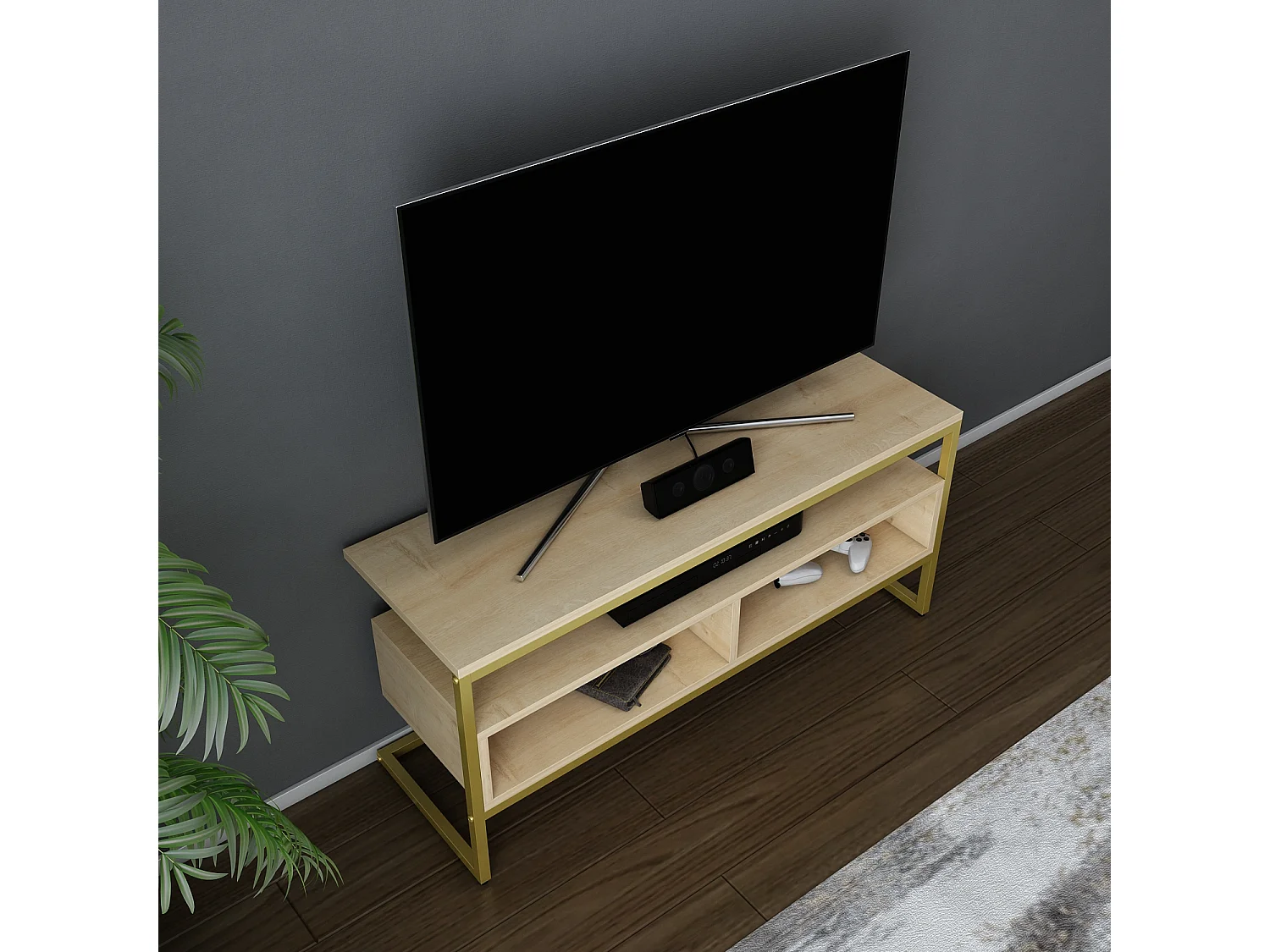 Meuble TV Merrion 111 cm Cadre Métallique (Doré et Chêne)