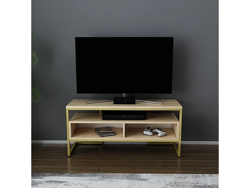 Meuble TV Merrion 111 cm Cadre Métallique (Doré et Chêne)