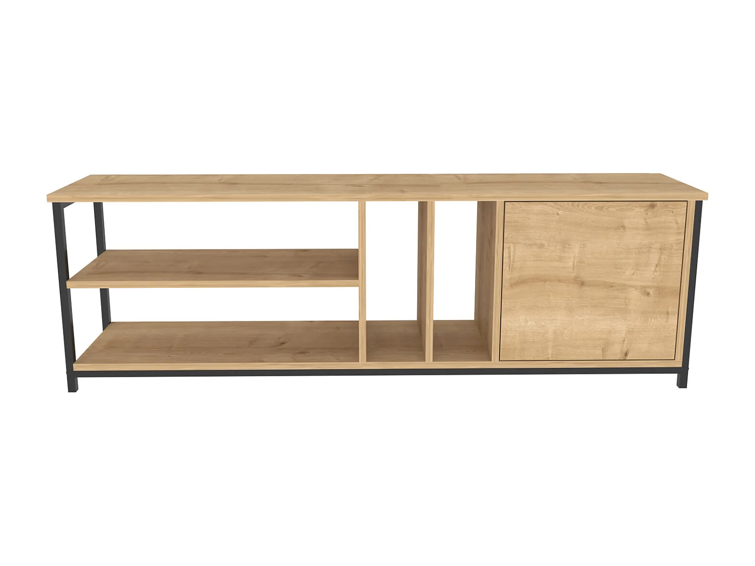 Oneida Meuble TV 160 cm Cadre métallique - Étagères Ouvertes et Armoire (Noir et Chêne)