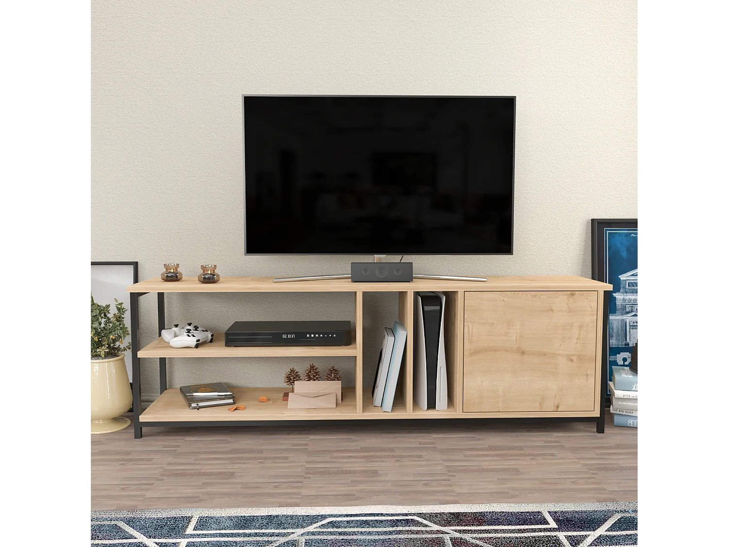 Oneida Meuble TV 160 cm Cadre métallique - Étagères Ouvertes et Armoire (Noir et Chêne)