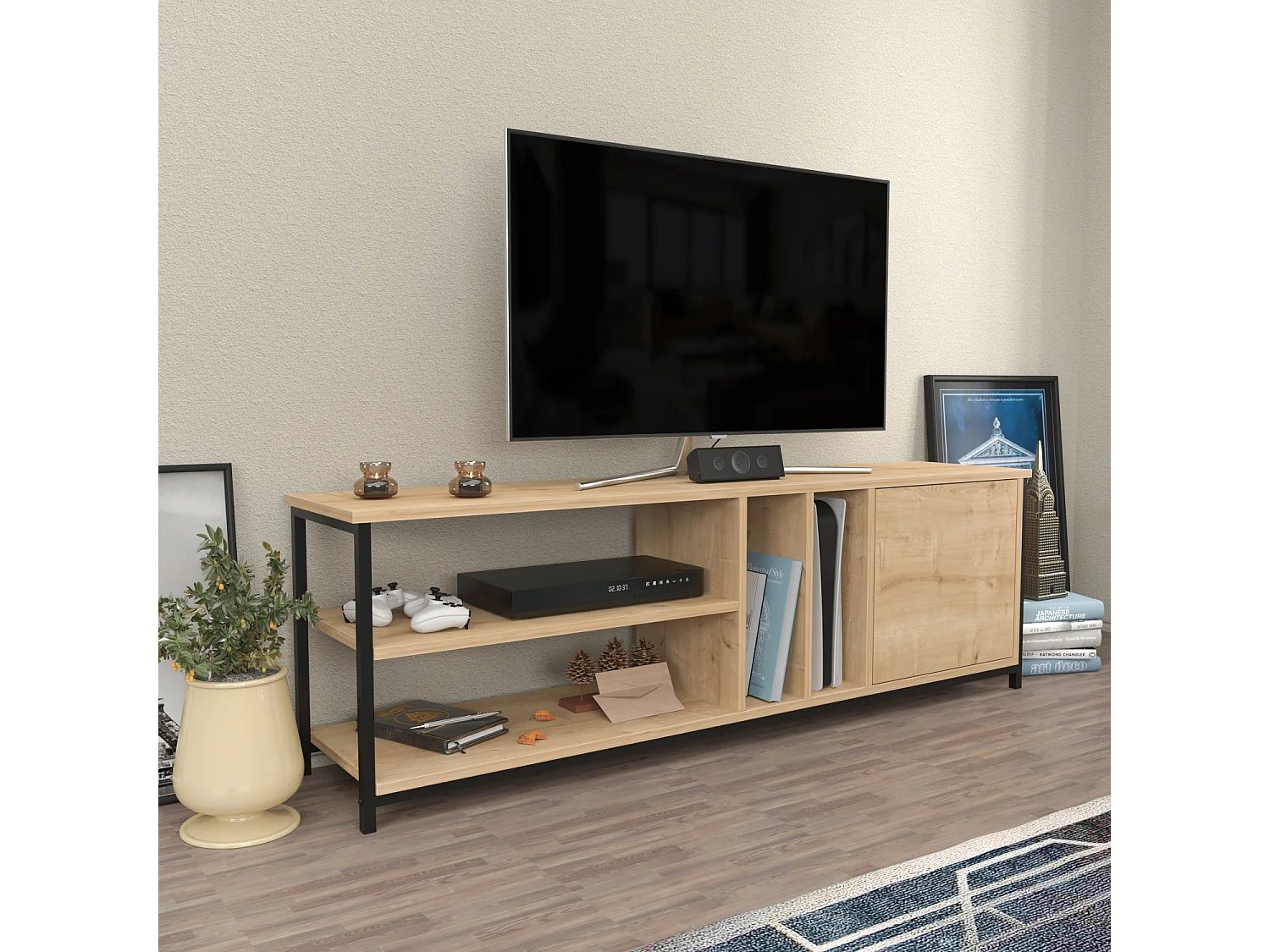 Oneida Meuble TV 160 cm Cadre métallique - Étagères Ouvertes et Armoire (Noir et Chêne)