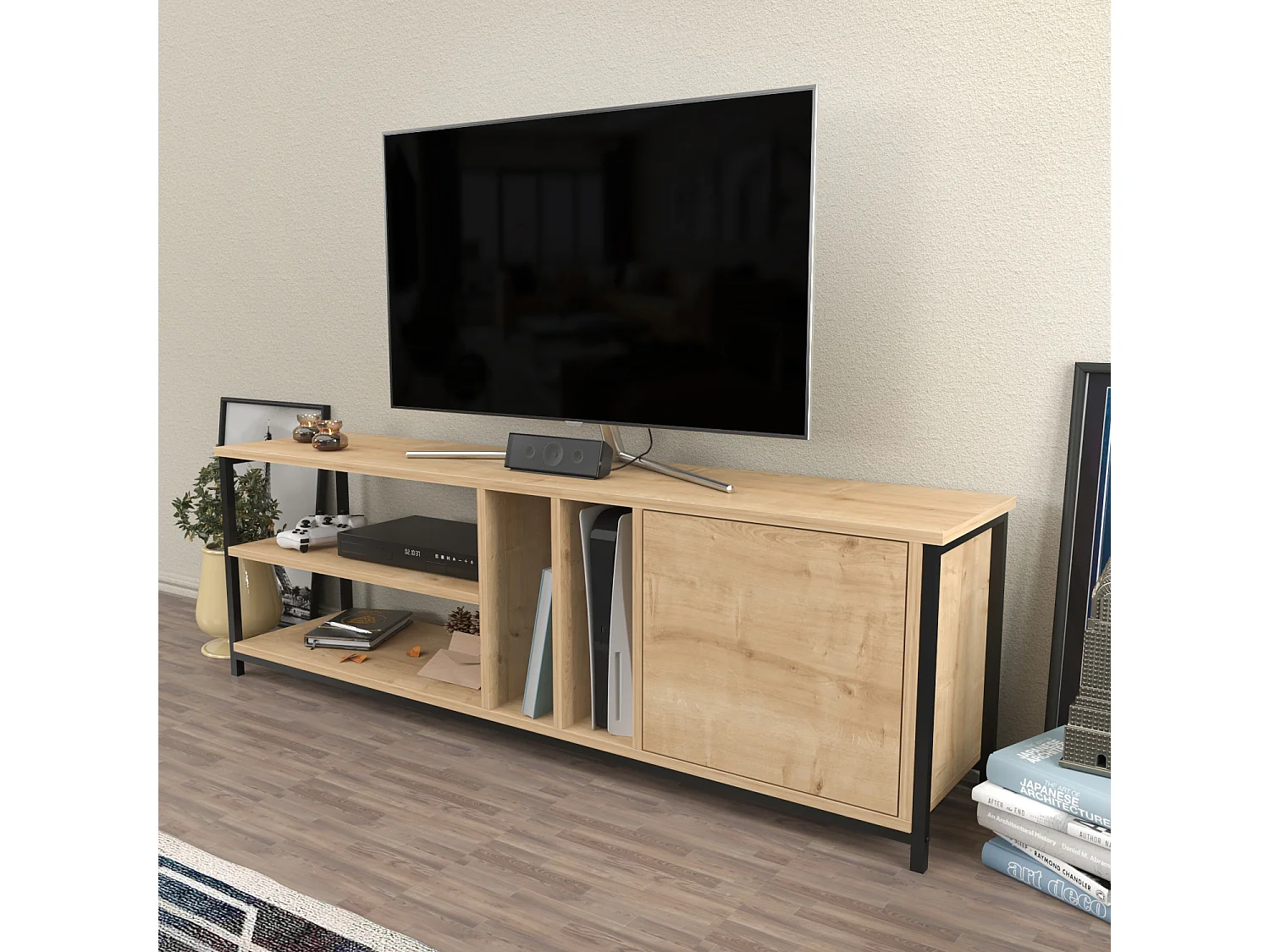 Oneida Meuble TV 160 cm Cadre métallique - Étagères Ouvertes et Armoire (Noir et Chêne)