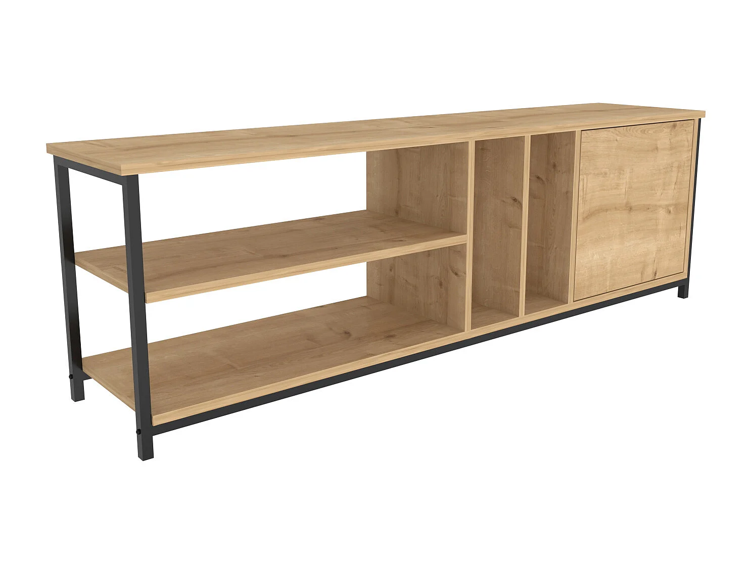 Oneida Meuble TV 160 cm Cadre métallique - Étagères Ouvertes et Armoire (Noir et Chêne)