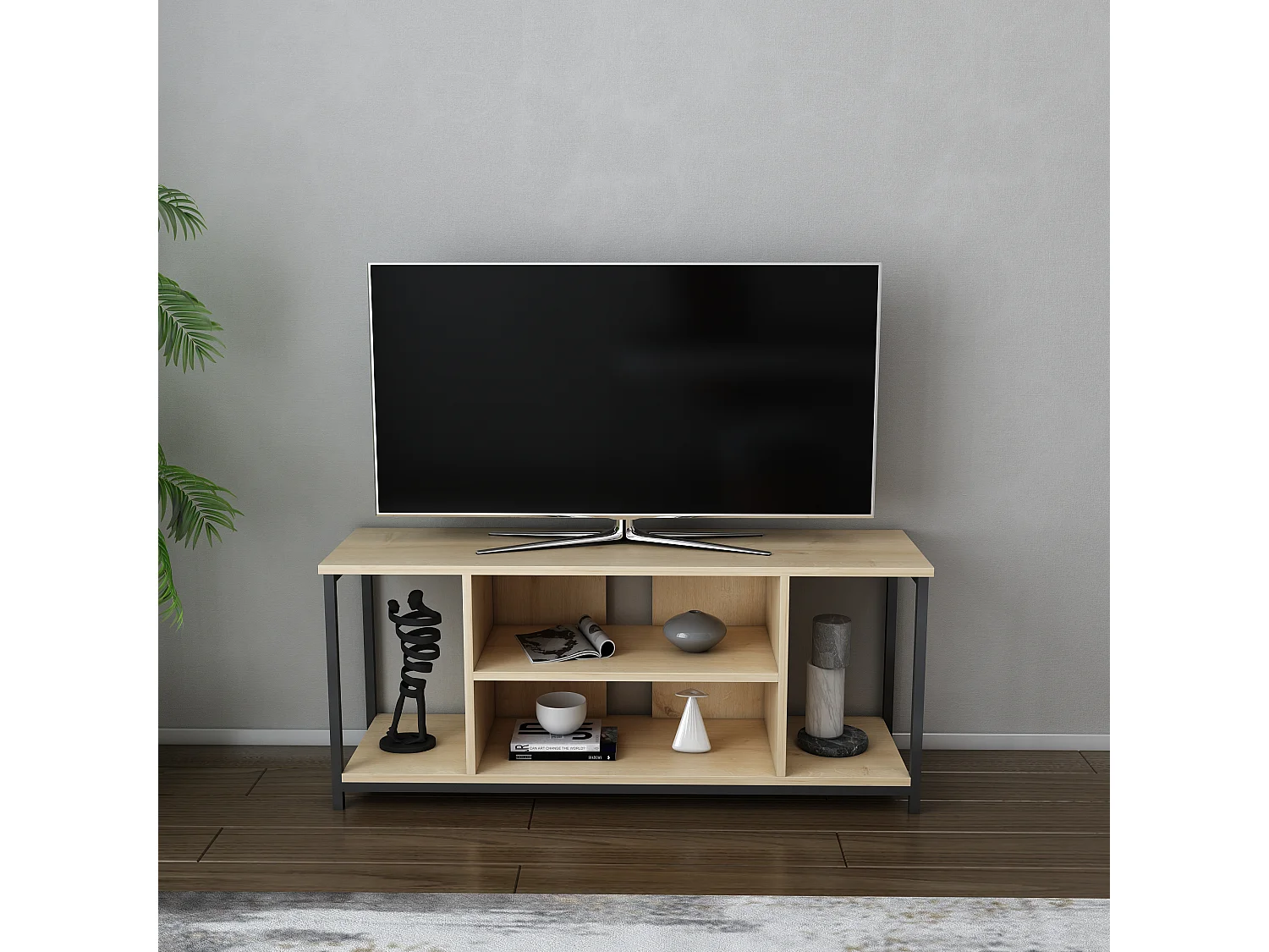 Meuble TV Rinaldo de 120 cm avec niches - cadre en métal (Noir et Chêne)