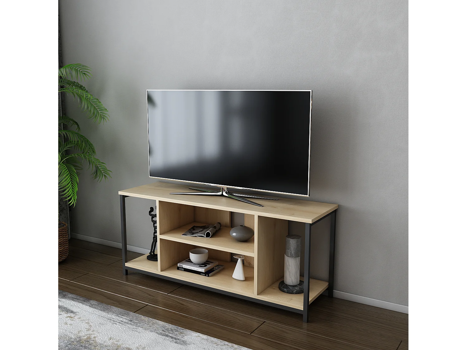 Meuble TV Rinaldo de 120 cm avec niches - cadre en métal (Noir et Chêne)