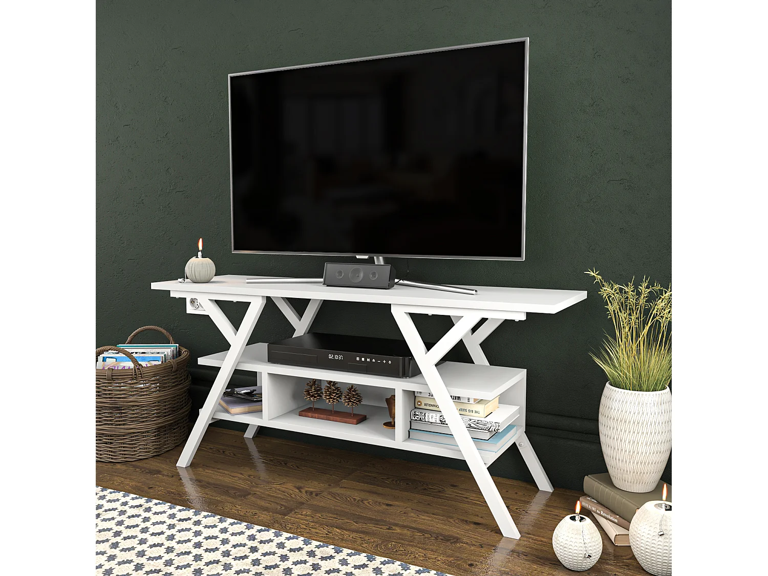 Minerva Meuble TV 120 cm Étagères Ouvertes et Cadre en métal (Blanc)