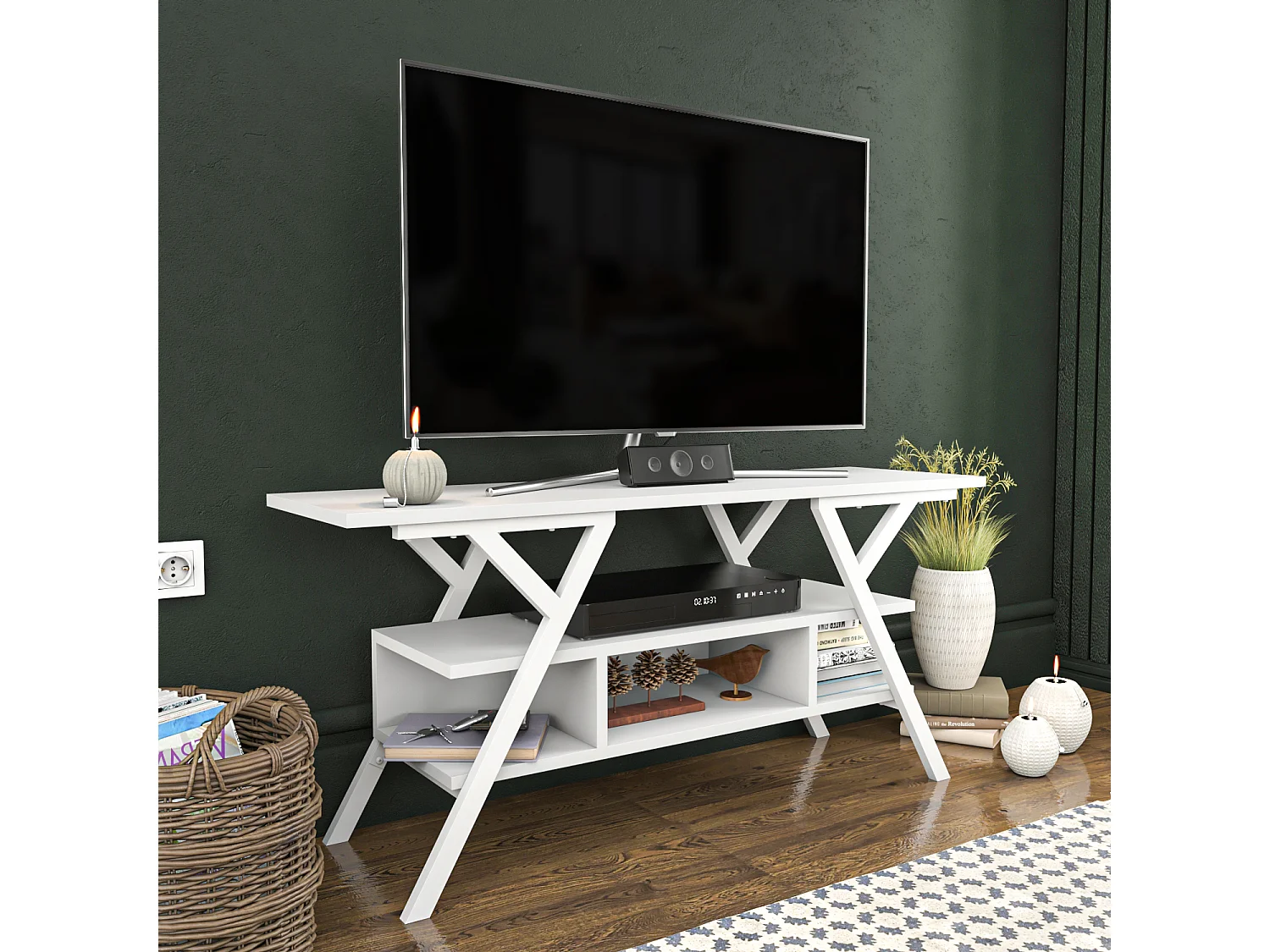 Minerva Meuble TV 120 cm Étagères Ouvertes et Cadre en métal (Blanc)