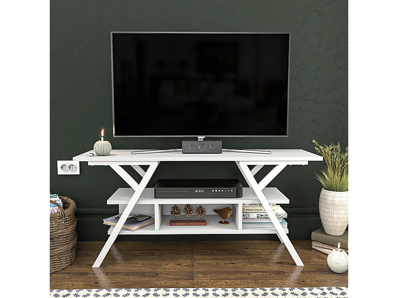 Minerva Meuble TV 120 cm Étagères Ouvertes et Cadre en métal (Blanc)