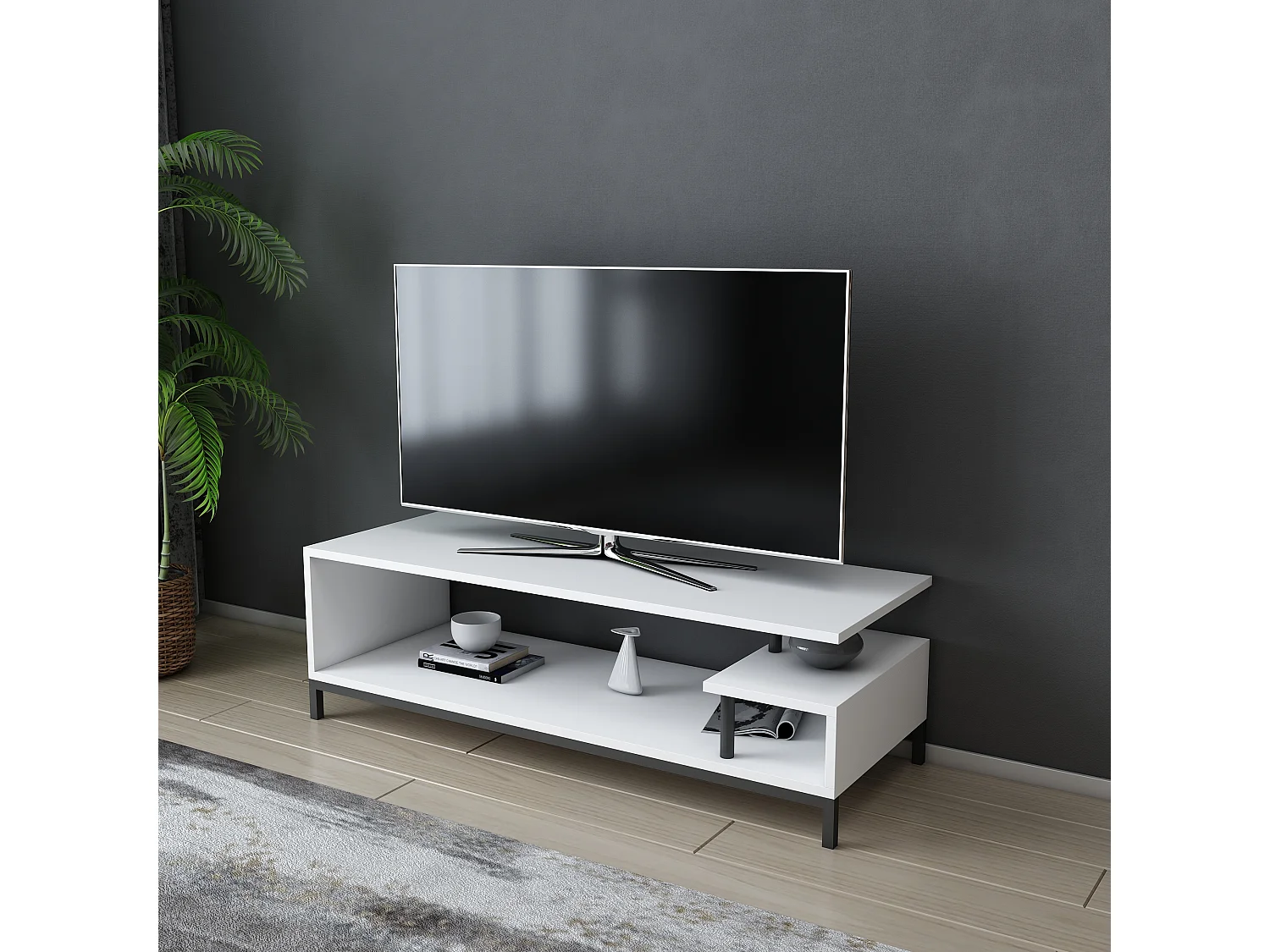 Reilly Meuble TV 120 cm Pieds en métal et étagères ouvertes (Noir et Blanc)